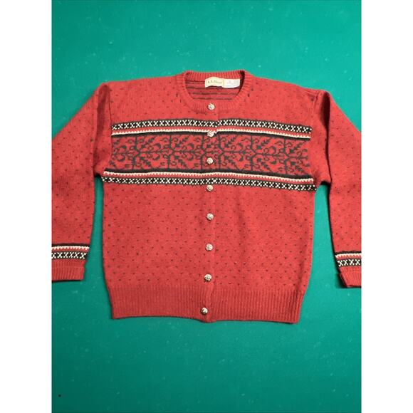 L.L. Bean Red, Green, & Black 100% Pure Wool Shetland Women's Nordic Cardigan SM - Picture 2 of 8
